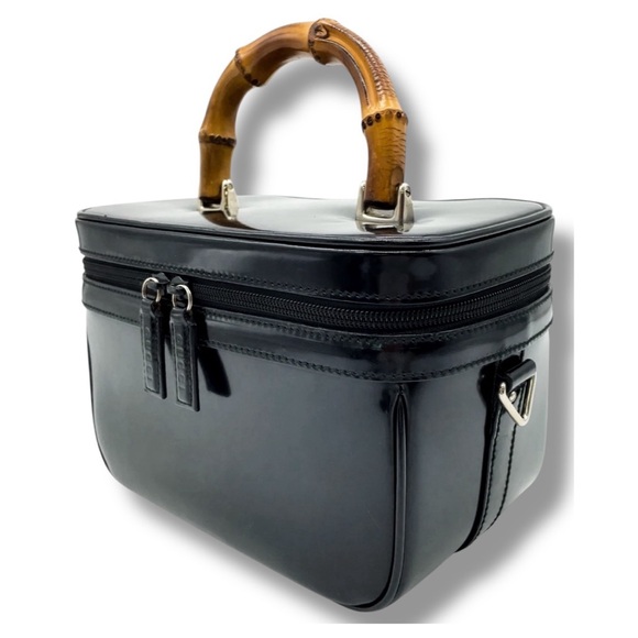 🖤💄SOLD💄🖤 VTG 90s GUCCI Black Patent Leather Vanity Case Bag w/ Bamboo Handle - Picture 4 of 15